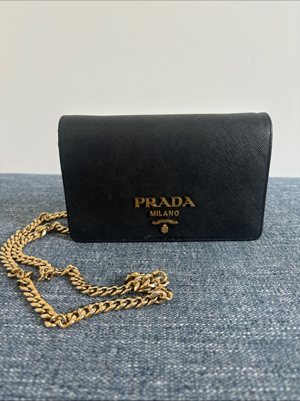 Prada Black Saffiano Leather Crossbody with Gold Chain